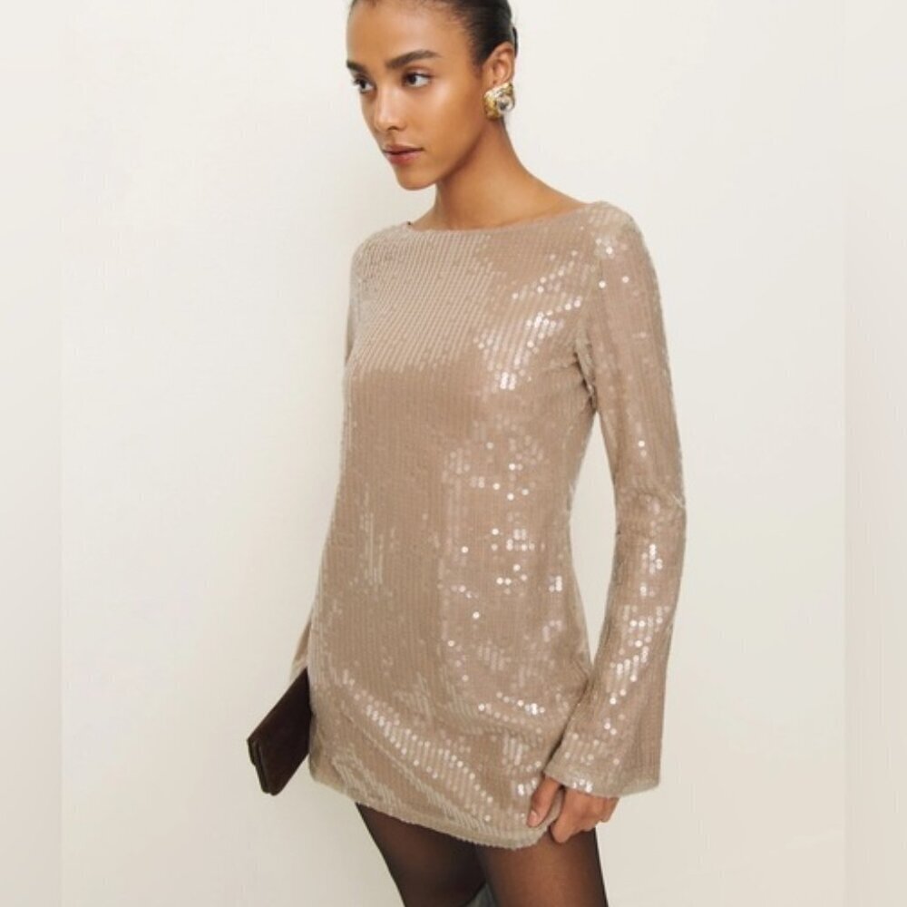 NWT Reformation Sereia Mini Dress in Champagne Sequin Long Sleeve | size M - Picture 2 of 14